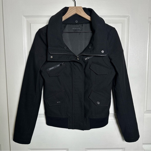 Theory Nyree Bomber Jacket Women's Medium Black Moto Style Medium Weight Cotton - Picture 1 of 14